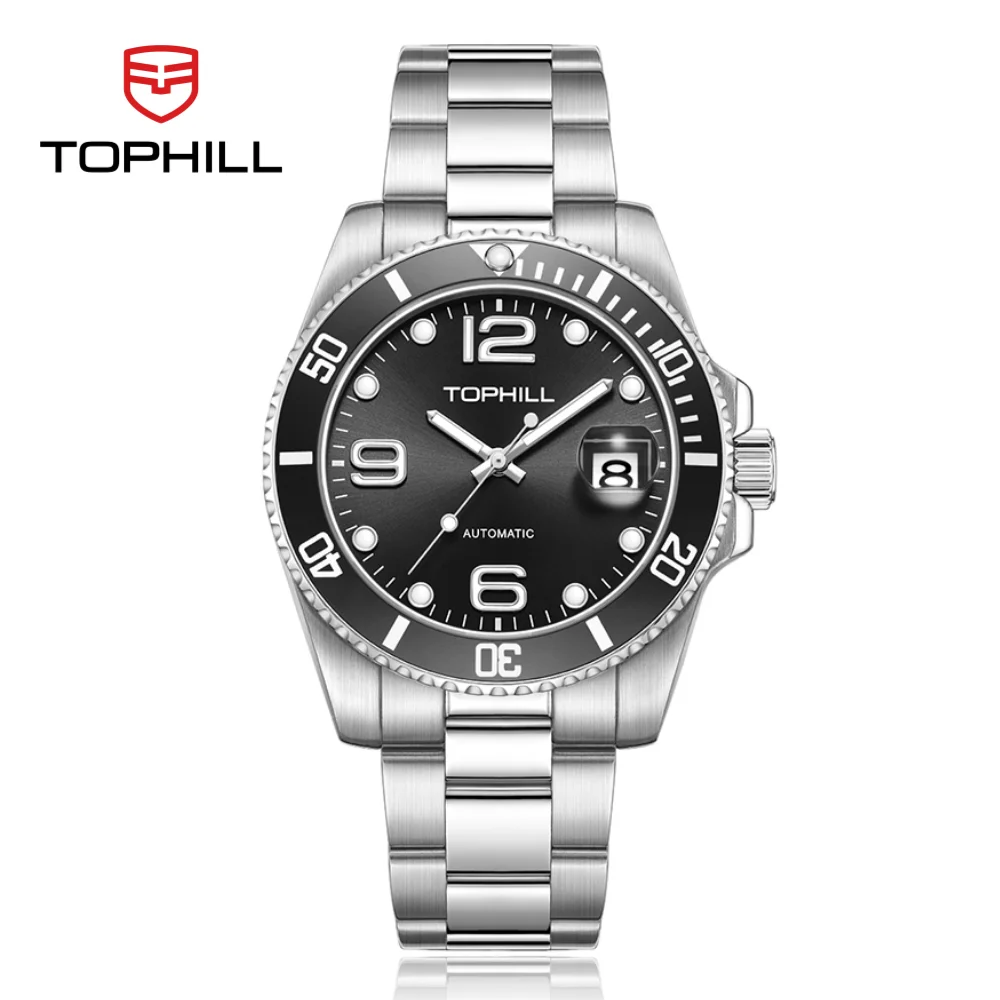 TOPHILL Men Watches Automatic 40mm Dandong 2820 Aluminum Bezel 3H Cyclops Date 3ATM C3 Luminous Reloj Hombre TD006G