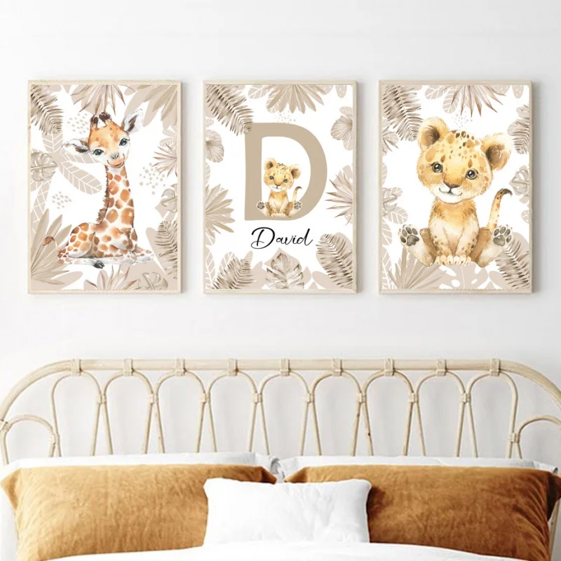 Giraffe Lion Elephant Koala Personalized Name Kids Room Posters And Prints Baby Wall Art Pictures Decor Nursery Canvas Painting