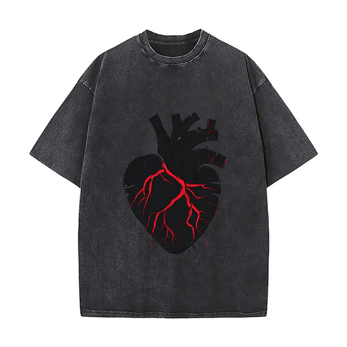 Gothic Black Heart Red Veins Wall Art Washed Vintage Short Sleeve Loose Streetwear Tee
