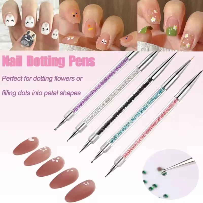 

5pcs/Set 2 In 1 Dual-Ended Nail Art Liner Brushes with Crystal Handle Professional UV Gel Dotting Painting Drawing Pen DIY Tools