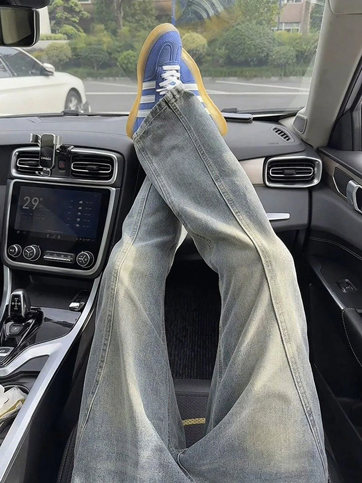 

Retro Waed Blue Curved Blade Men's Jeans Loose CleanFit Straight Leg Youthful Vintage Faded Long Trousers