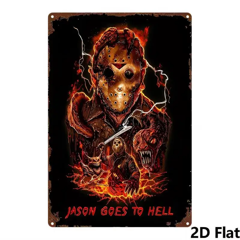2D Flat Jason Goes to Hell Vintage Metal Tin Sign - Retro Horror Design, Black & Red, Iron Material, Perfect for Horror Fans, Ma