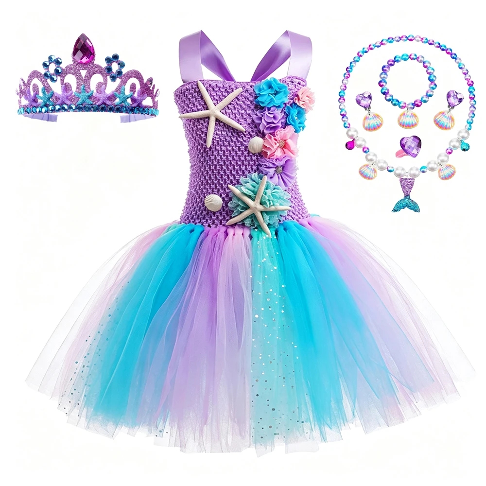 Niedliches, lila Kleid im Meerjungfrauen-Stil mit Spaghettiträgern für Mädchen, mit Zauberstab, Krone, Halskette und Haarreif – ideal als Halloween- oder Geburtstagsgeschenk. – Detail 9
