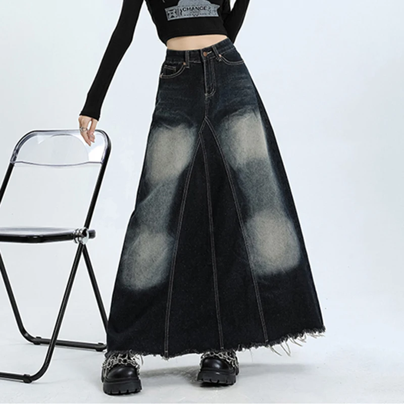 

New Women Spring Summer Long Denim Skirt Fashion Vintage High Waist Patchwork A-Line Skirt Casual Loose Black Jeans Skirt