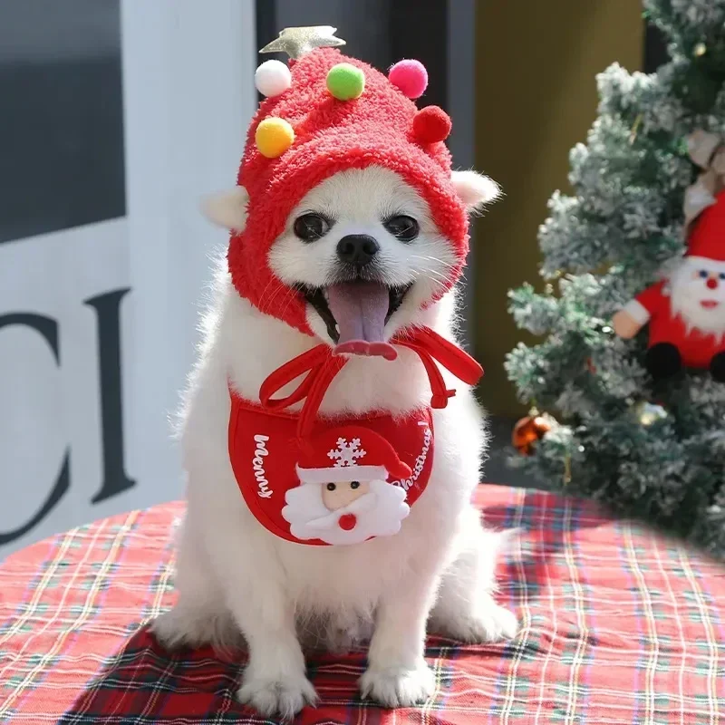 Christmas Dog Hat Puppy Dog Bib Santa Claus Elk Saliva Towel Pet Costumes Autumn and Winter Clothes Cats Hat Pet Accessories