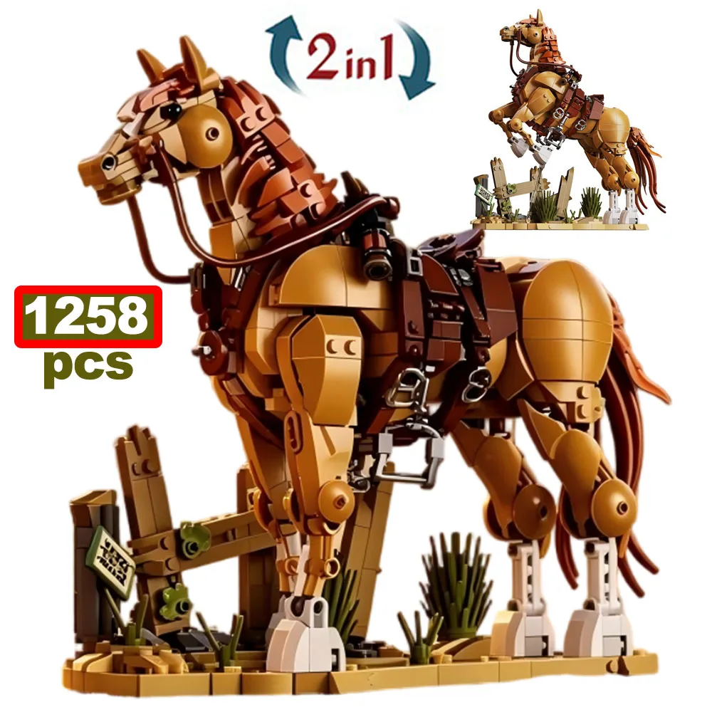 1258pcs MOC 2 Changes Western Cowboy Horse Building Block City Vintage Creative Desktop Ornaments Animal Model Bricks Toys Gifts