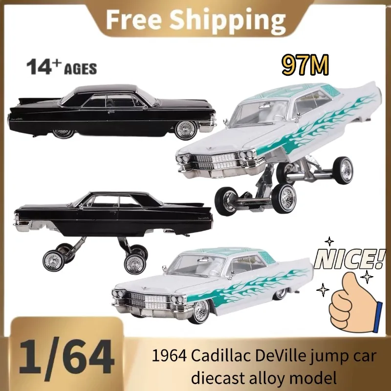 97M 1:64 1964 Cadillac DeVille jump car diecast alloy model, collector-level desktop decoration item, boy's gift, holiday gift.