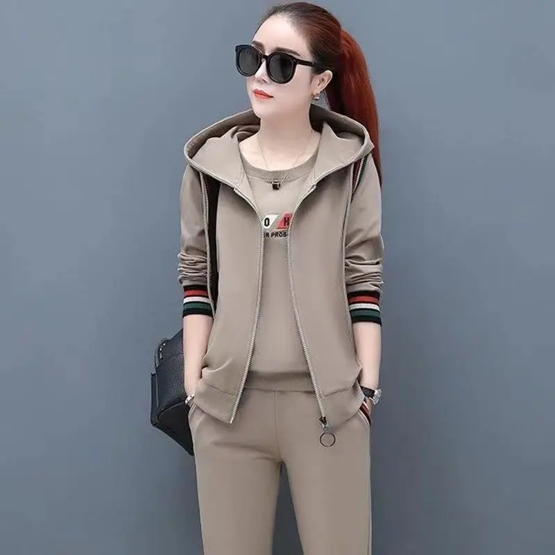 Autumn 2022 New Alphabet Print Long Sleeve T-shirt Stripe Hoodie Casual Pants Three Piece Elegant Women's Sports Set