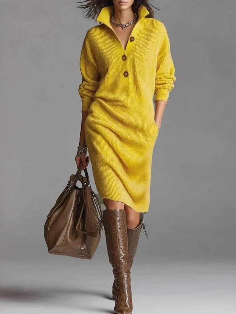 

New Autumn Winter Casual Button Loose Knitting Mid-Length Sweater Dresses Women's Fashion Lapel Long Sleeve Pocket Party Dress