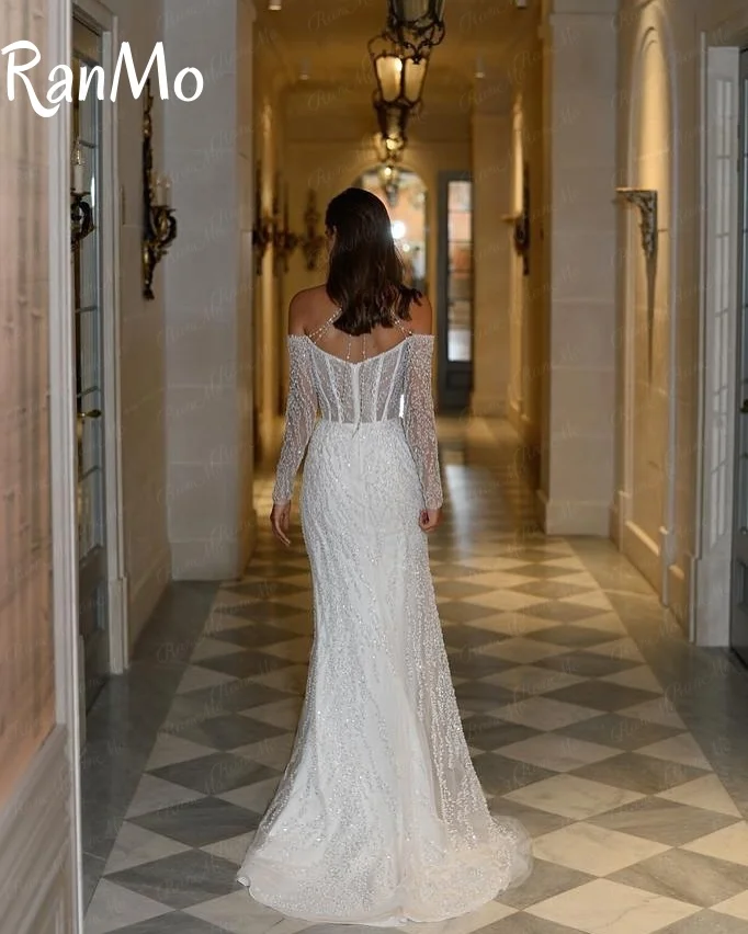 Ranmo 2025 مخصص لامعة الدانتيل الخامس الرقبة قبالة الكتف اللؤلؤ حورية البحر فستان الزفاف للنساء سستة الظهر ذيل محكمة فستان زفاف