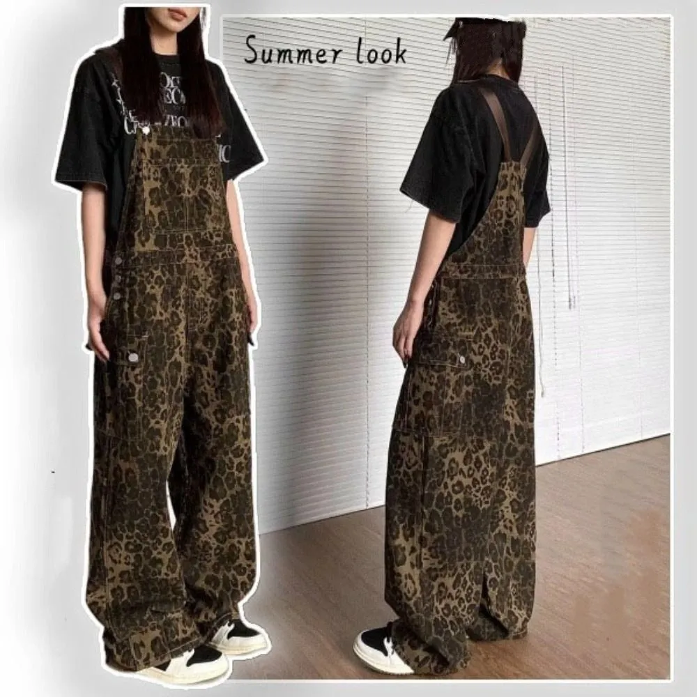 

Simple Baggy Leopard Print Overalls Wide Leg High Waist Rompers Women Y2k Retro Ins Style Leopard Print Pants Party