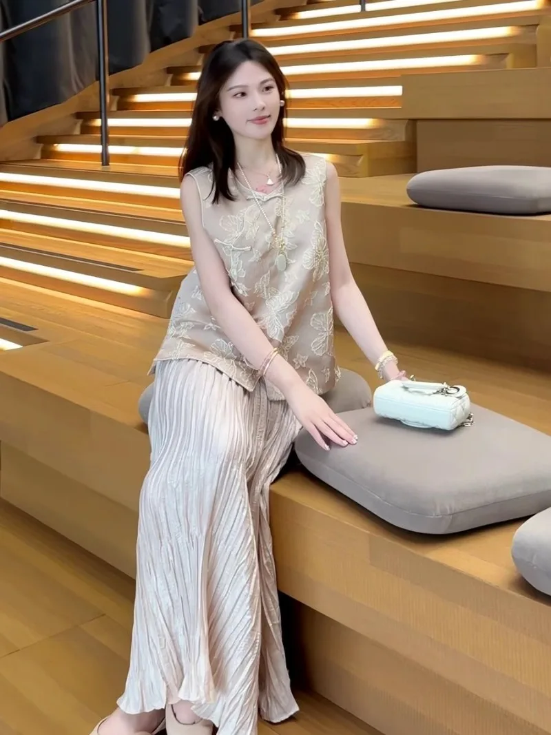 

Новый китайский модный летний комплект из двух предметов, женский элитный элегантный жаккардовый топ без рукавов с бабочкой + длинная юбка, повседневная одежда