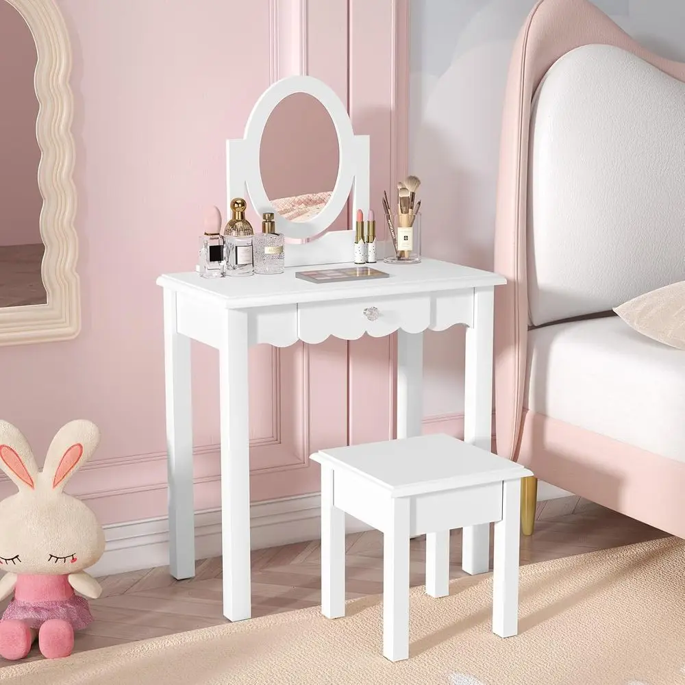 HLR Kids Vanity Set with Mirror Stool and Der or Little Girls, White | Girls Vanity Set, Wooden 2 in 1 PrincMakeup Desk Dring Ta