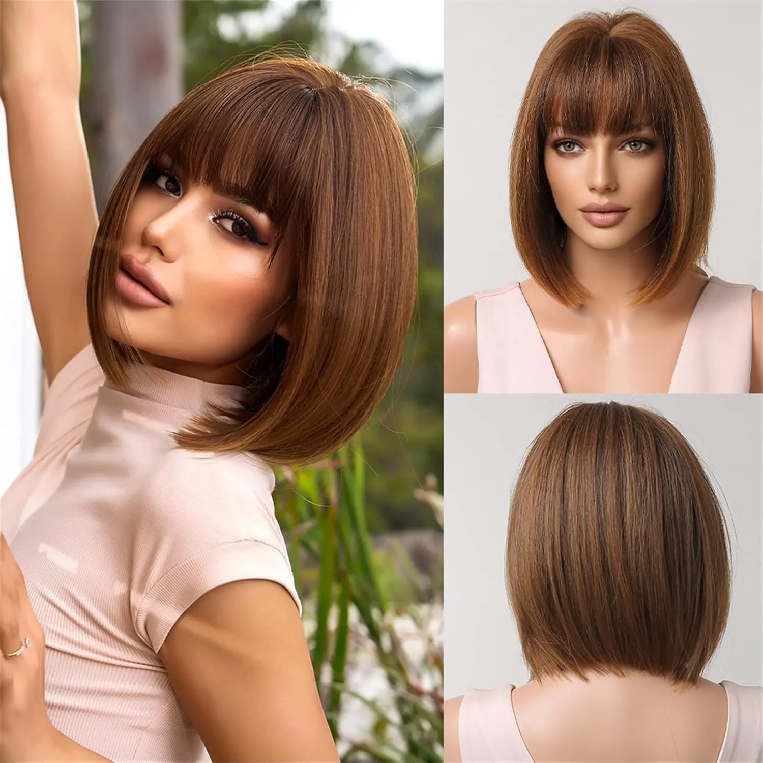 Short Black Bob Wig with Bangs Short Brunette Wigs for Women Synthetic Bob Wigs for Cosplay Party 12 Inch