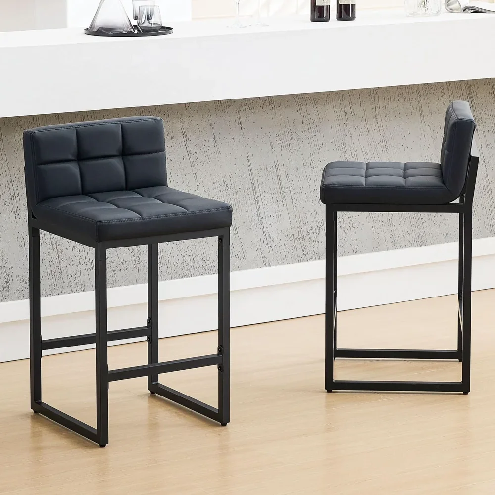 

Set of 2 Counter Stools, Modern Faux Leather with Low Back & Footrest, Bar Height