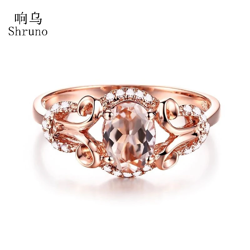 

HELON Solid 14K Rose Gold Flawless Oval Cut Natural Morganite Gemstone Ring Real Diamonds Halo Luxurious Engagement Jewelry