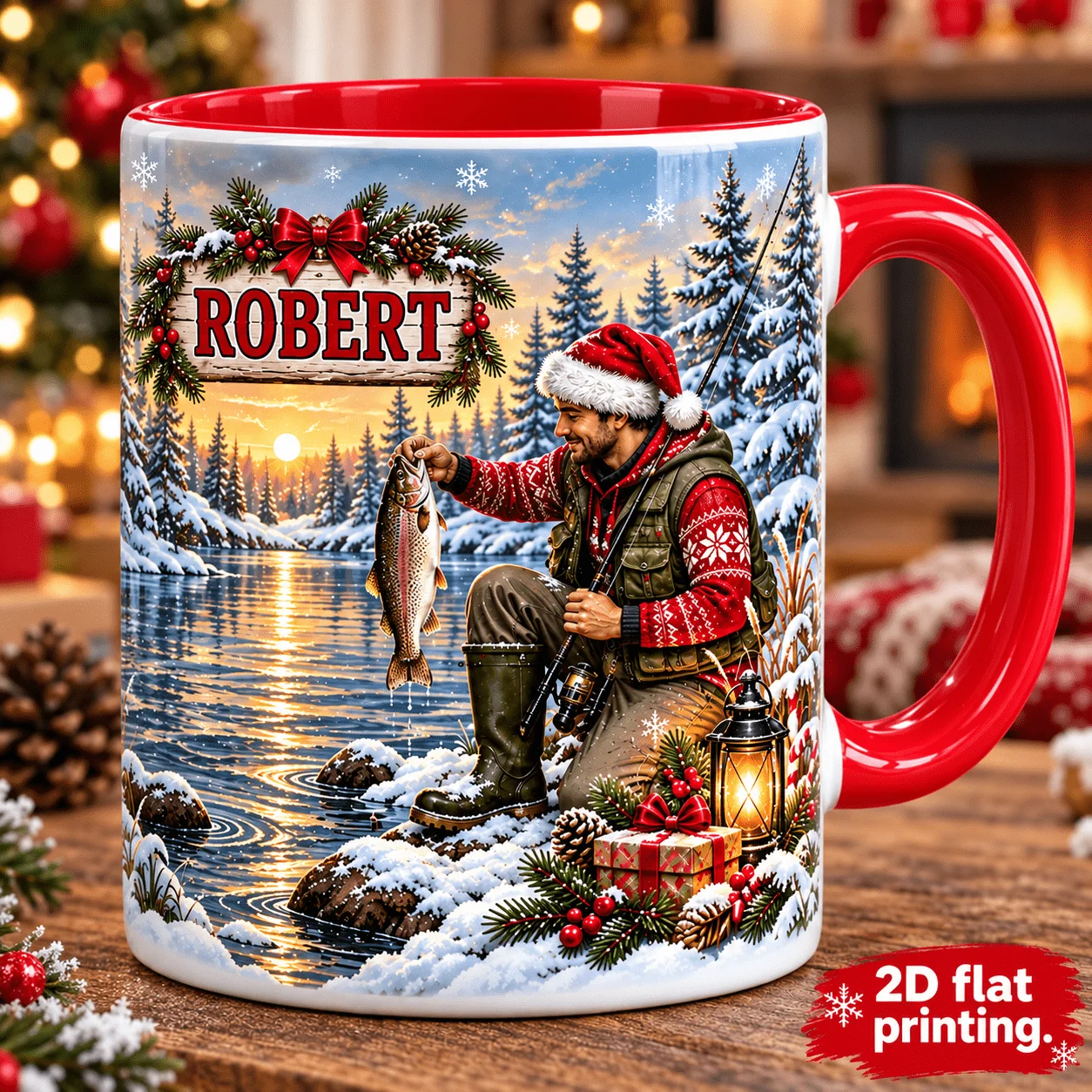 2D1pc 11oz Custom Personalized Christmas Fishing Mug, Christmas Gift for Dad Outdoor Water Cup, Hand Wash Only Microwave Safe
