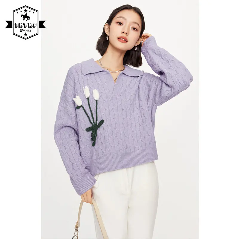 

Winter Vintage Long Sweaters Women Floral Embroidered Autumn Loose Korean College Style Knit Pullovers Couples Knitwears Jumpers