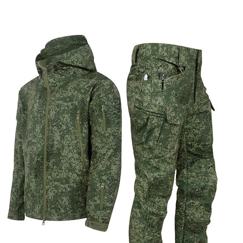 Mens Camo Tactical Sets Sharkskin Waterproof Hooded Zipper Jackets Multi-pocket Softshell Outdoor Pants Winter Fleece Cargo Suit