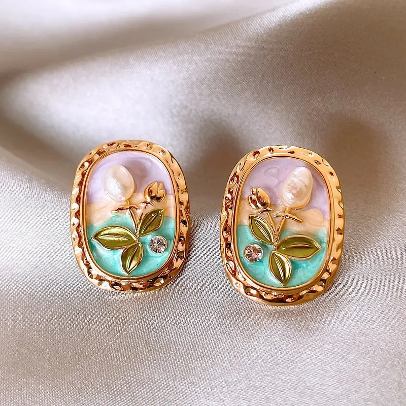 

Monet Garden Baroque natural pearl stud earrings women's retro oil painting earrings new 2024 popular earrings summer