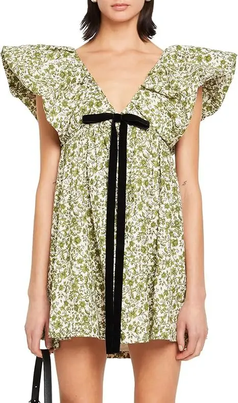 Boho Floral Print Bow Women Dress 2025 Summer Sexy V Neck Puffed Sleeves A Line Mini Dresses Beach Vacation Sundress Vestidos