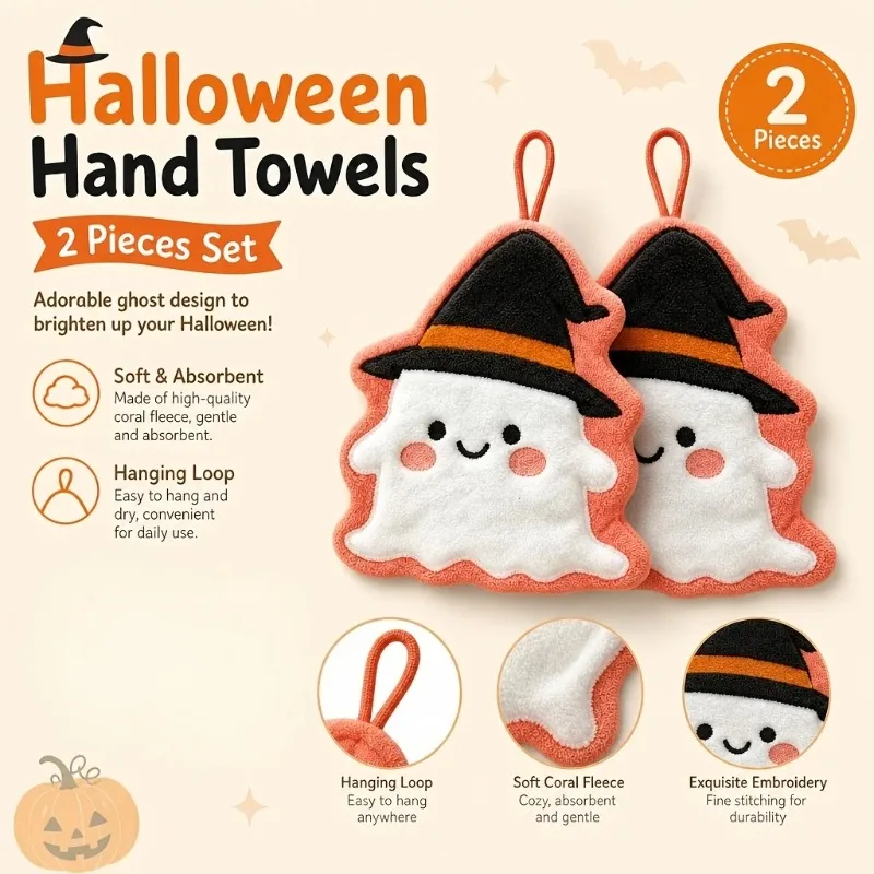2pcs Halloween Decoration Handkerchief, Witch Hat, Ghost Shaped Coral Fleece Quick Drying Bathroom Towel