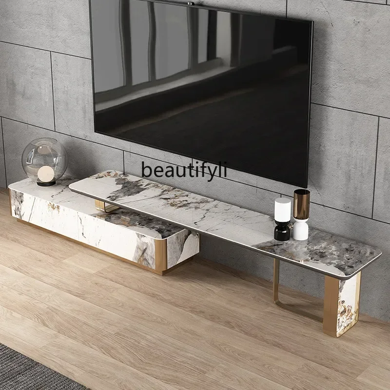 Retractable Stone Plate TV Cabinet and Tea Table Combination Italian Small Apartment Living Room Light Luxury Land Cabinet