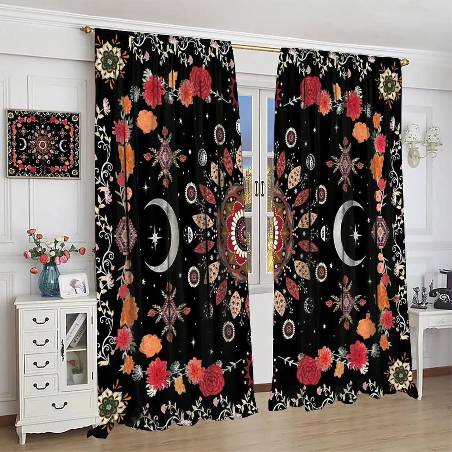 Boho Moon Phase Floral Curtains Red Black Mandala Bohemian Floral Gothic Moonlit Aesthetic 2 Panels Window Treatment Set for