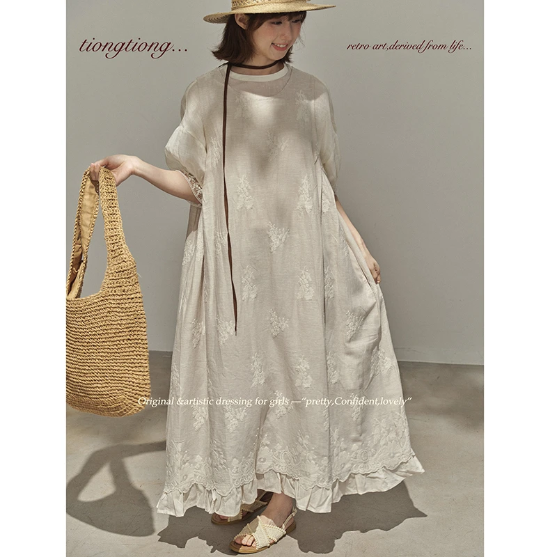 

2025 New Arrival Summer Women Casual Loose Sleeveless Tank Embroidery Dress Good Quality Cotton Linen Ankle-length Dresses T191