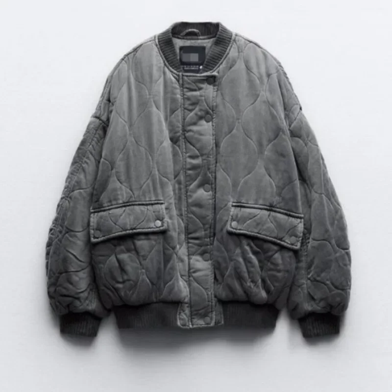 

Women's Warm Loose Cotton Jacket Winter Round Neck Long Sleeve Zipper with Button Jacket Fashion Spliced Pockets Women Clothing