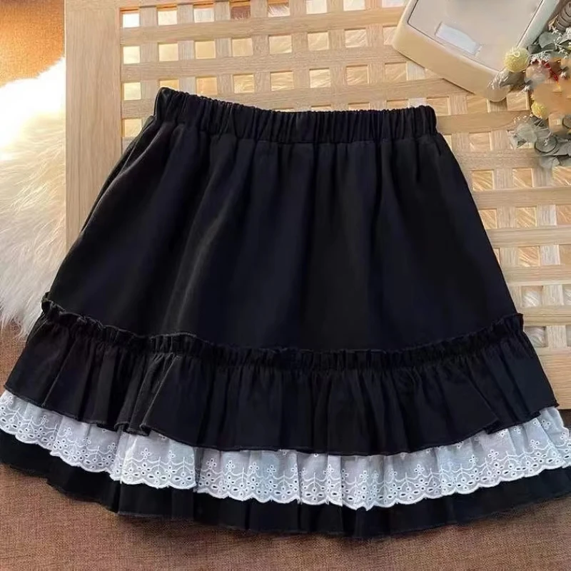 Faldas de pastel combinables con retazos de encaje de verano Y2k E-girl falda acampanada de cintura alta para Mujer 2025, nuevas Faldas negras sexis para Mujer