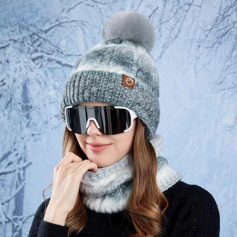 Ensemble deux pièces chapeau et écharpe chauds d'hiver, bonnet tricoté en velours et épais de couleur dégradée, à la mode