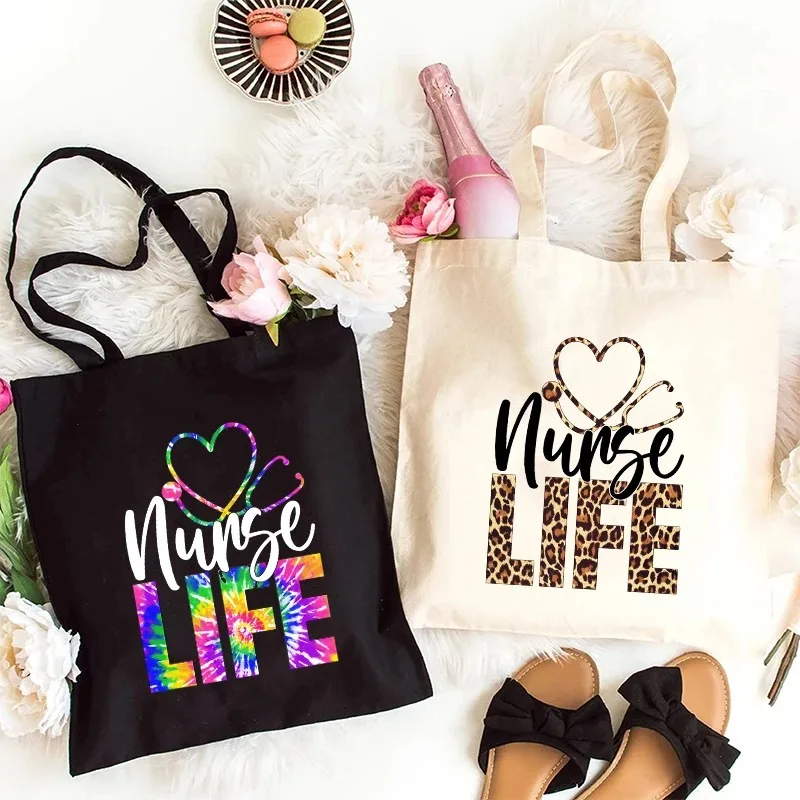 

Canvas Shopping Bags Nurse Life Leopard Tote Bag Shoulder Bags Nurse Fashion Casual Eco Friendly Reusable School Tote Bags