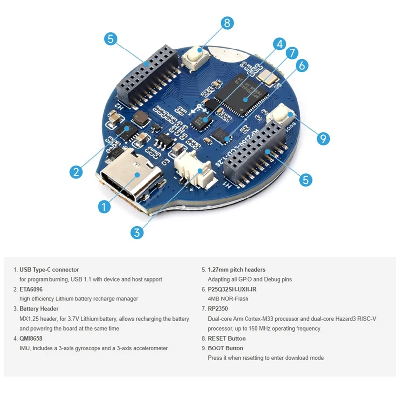 DN-RP2350-LCD-1.28 Pico 2 RP2350 1.28 Inch 240X240 Round LCD Development Board Display Screen QMI8658 6-Axis, IPS Panel