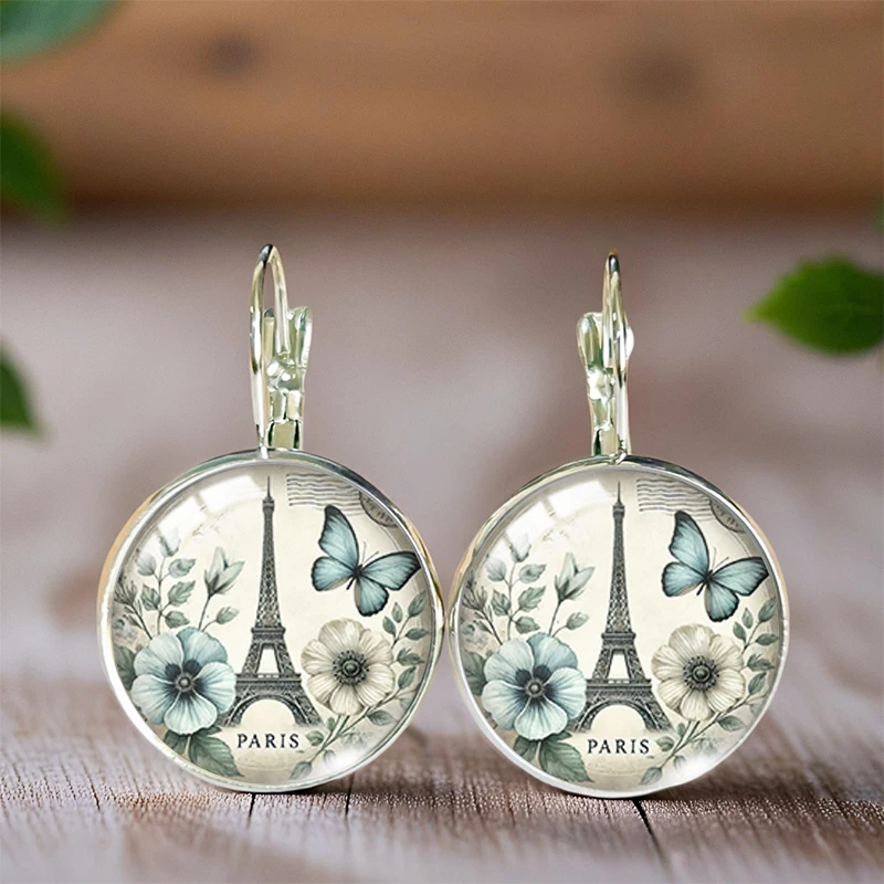 2025 New Fashion Paris Tower Poster Ear Clip Round Earring Glass Cabochon Art Printed Jewelry