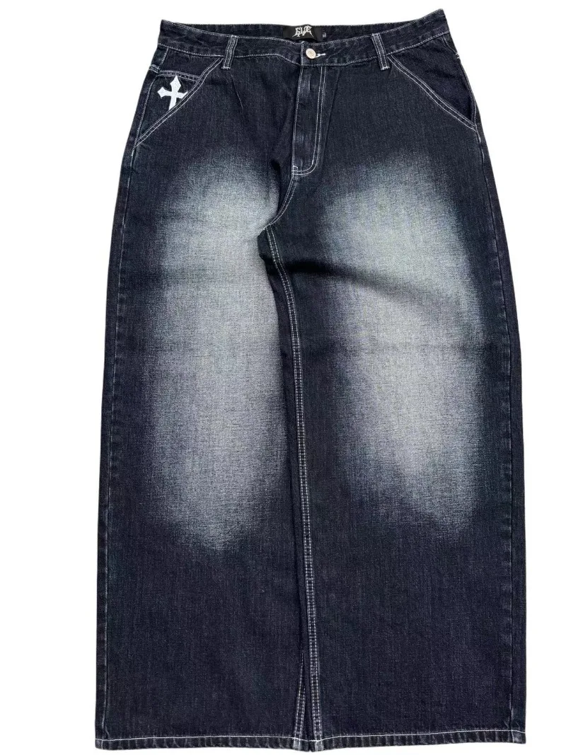 European and American vintage wash do old jeans men Y2k street fashion pocket cross embroidery wide leg pants Punk trend pants - Image 2