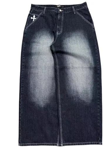 Imagen 2 del producto Pantalones vaqueros viejos de lavado vintage europeo y americano para hombre Y2k moda urbana bolsillo bordado cruzado pantalones de pierna ancha pantalones de tendencia Punk