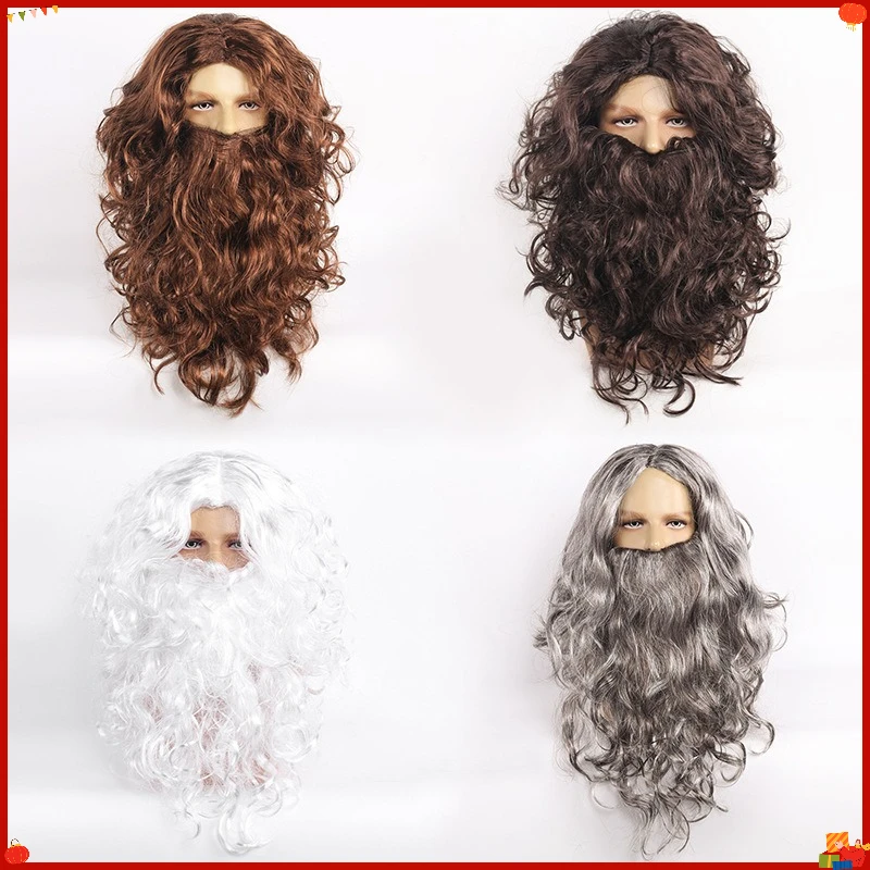Christmas Costume Synthetic Long Curly Wig Beard Set Full Cosplay Hairpiece Santa Style Fake Facial Hair for Holiday Party