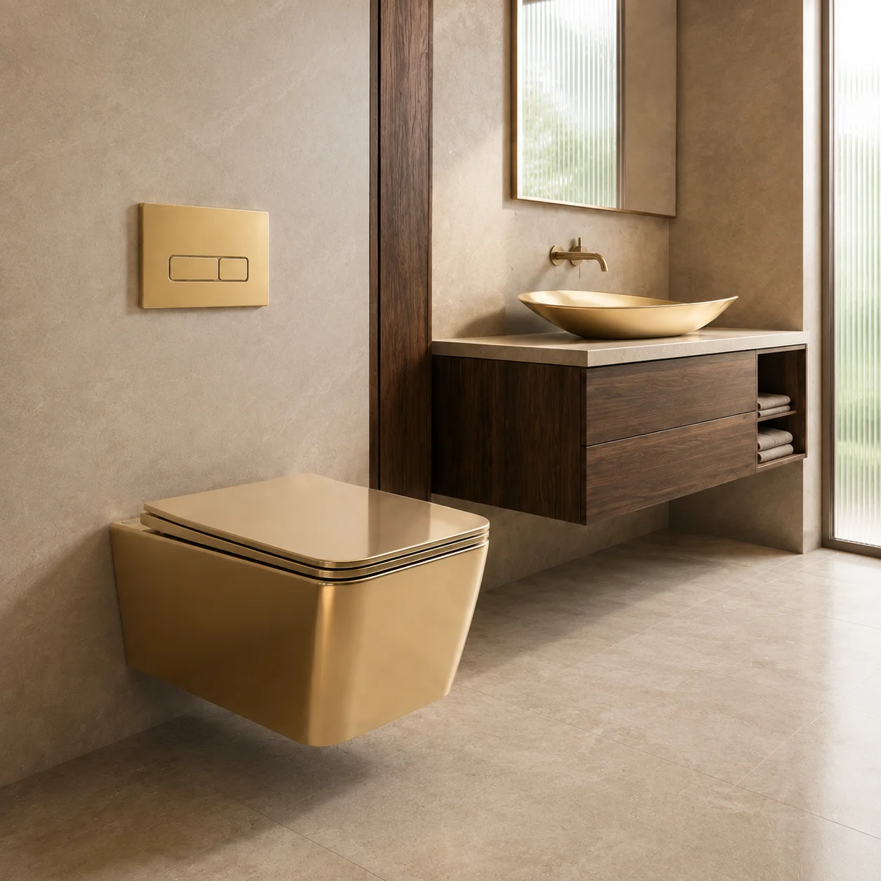Bathroom W05 Eco-Friendly Gold Ceramic P-Trap Water Closet Concealed Tank Wall-mounted Dual Flush Wall Hung Toilet