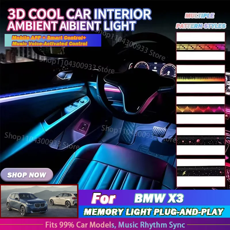 For BMW X3 LED Car Interior Ambient Strip Lights RGB Fiber Optic Atmosphere Neon Lighting APP Auto Decorative Lamps