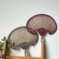 Large Summer Handheld Fan Seagrass Hand-Woven Natural Ancient Decorative Fan For Home Room Wall Decoration