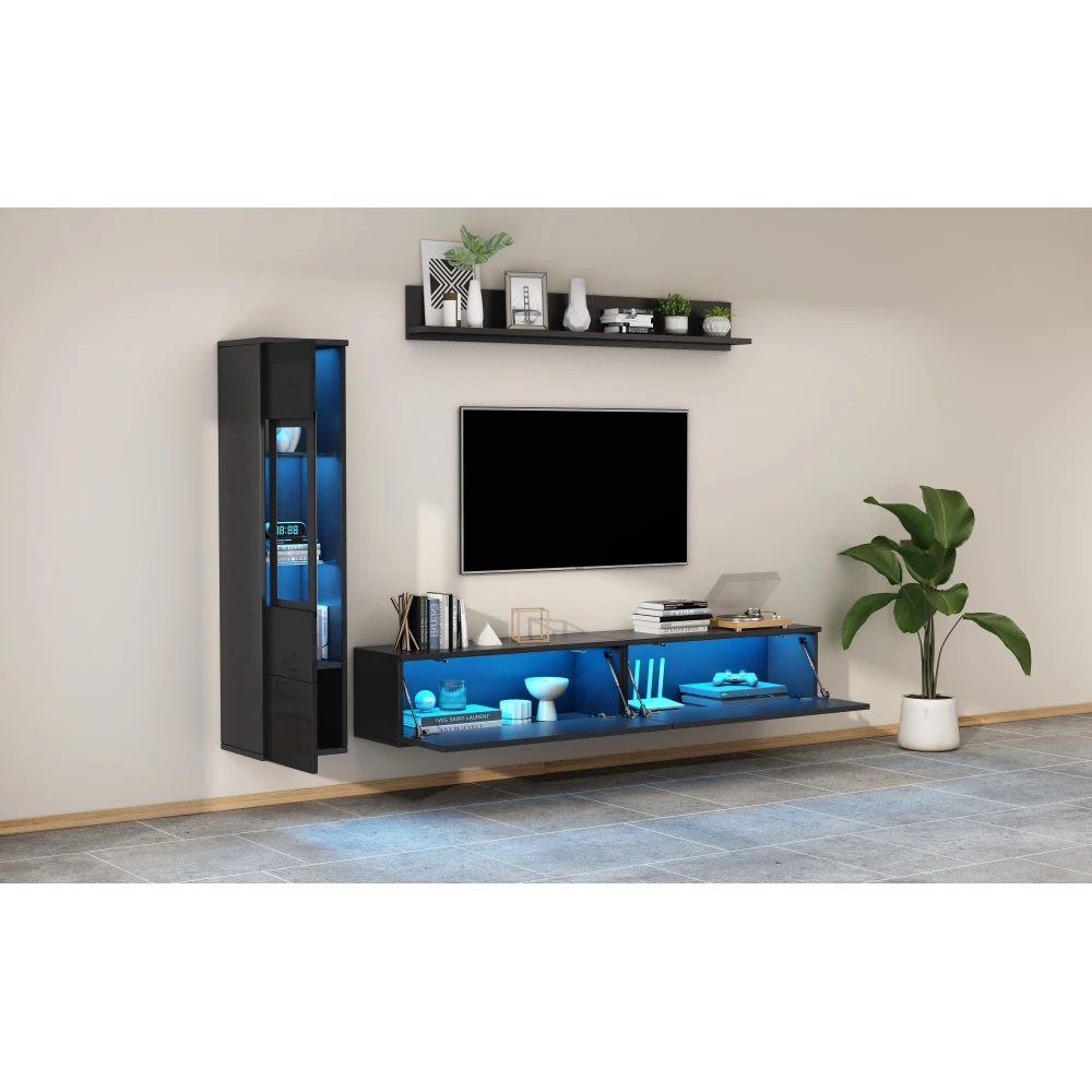3-teiliges TV-Wohnzimmer-Wandset mit LED-Beleuchtung, Hochglanz-Möbelset, TV-Schrank, Vitrine und Hängeregal, für Fernseher bis zu 80 Zoll – Detail 8