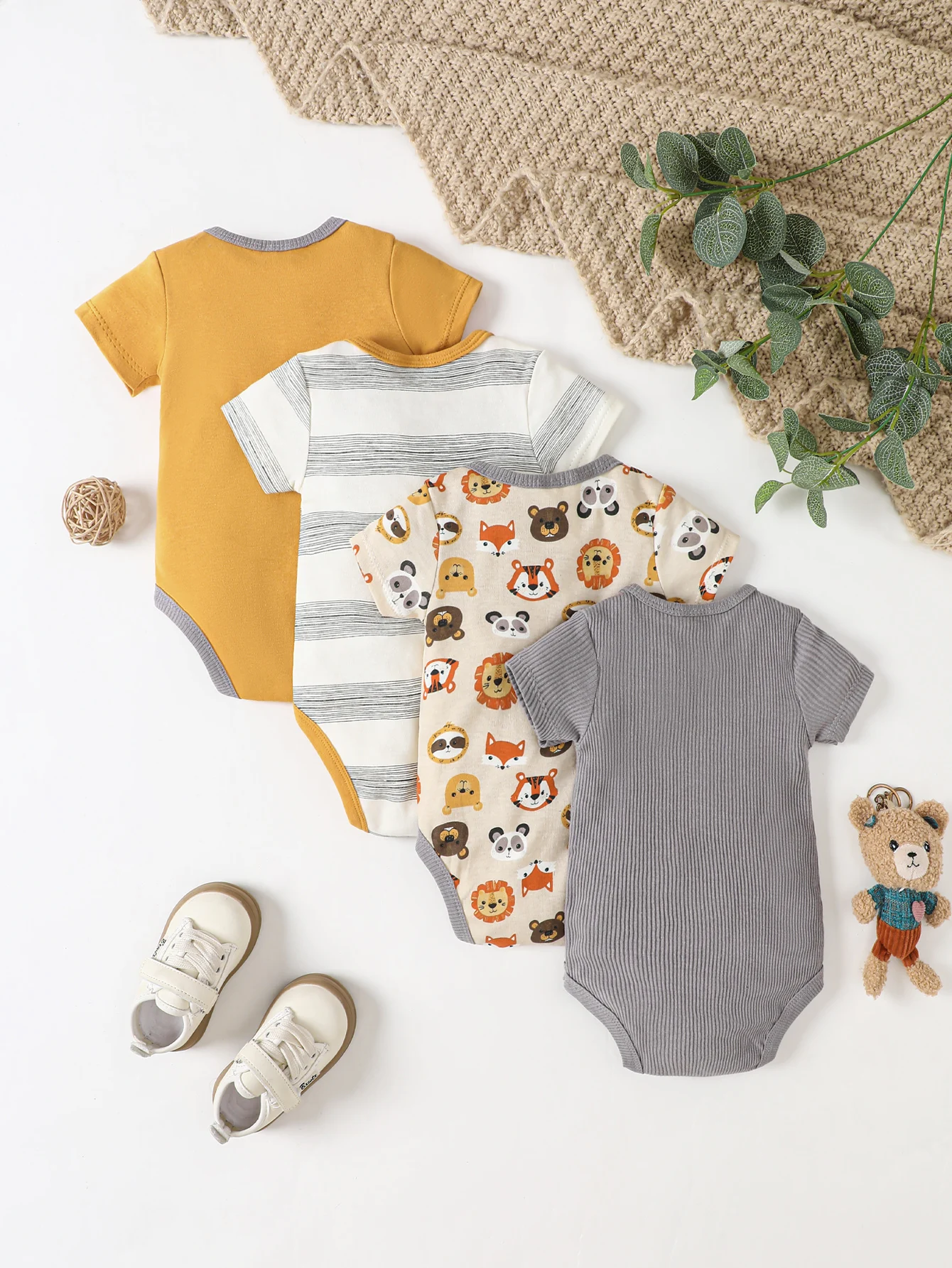 4PCS Summer Baby Jumpsuit Cartoon Lion Pattern Short Sleeved Jumpsuit Paired with Striped Pattern Jumpsuit for 0-1 Year Old Boys