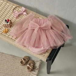 BeQeuewll Baby Girls Casual Romper Dress Lace selvage Tulle Patchwork Romper with Bow Headband Cute Princess Dress