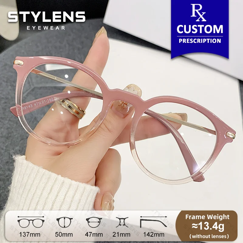 STYLENS Lunettes de vue rondes pour femmes, haute qualité, anti-lumière bleue, anti-reflet, personnalisées pour l'hypermétropie et la myopie