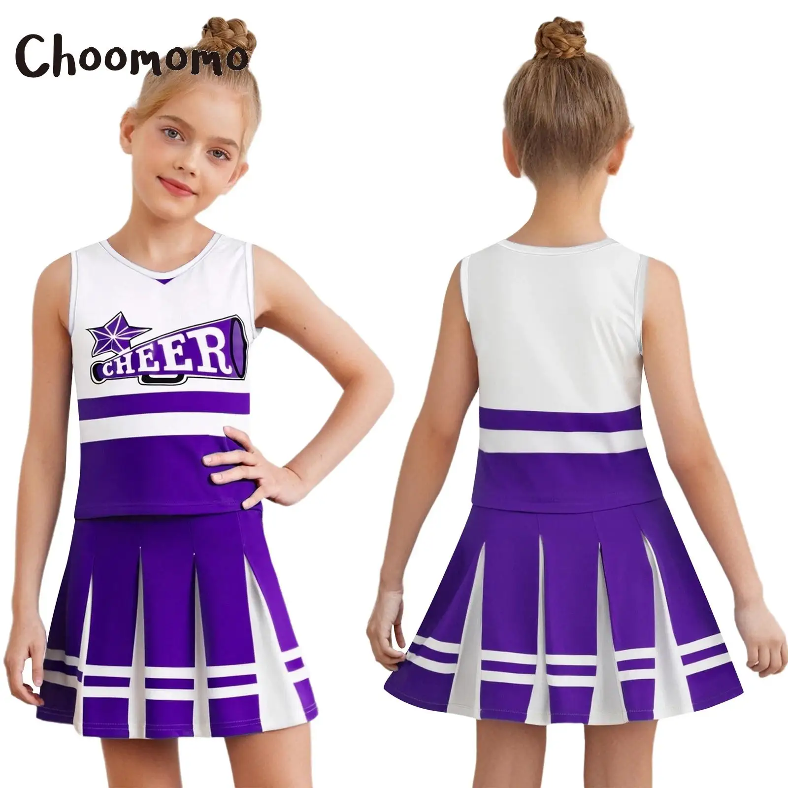 

Teen Girls Cheer Leader Costume Halloween Cosplay Sets with Sleeveless Top Pleated Skirt School Sport Event Party Dress Up
