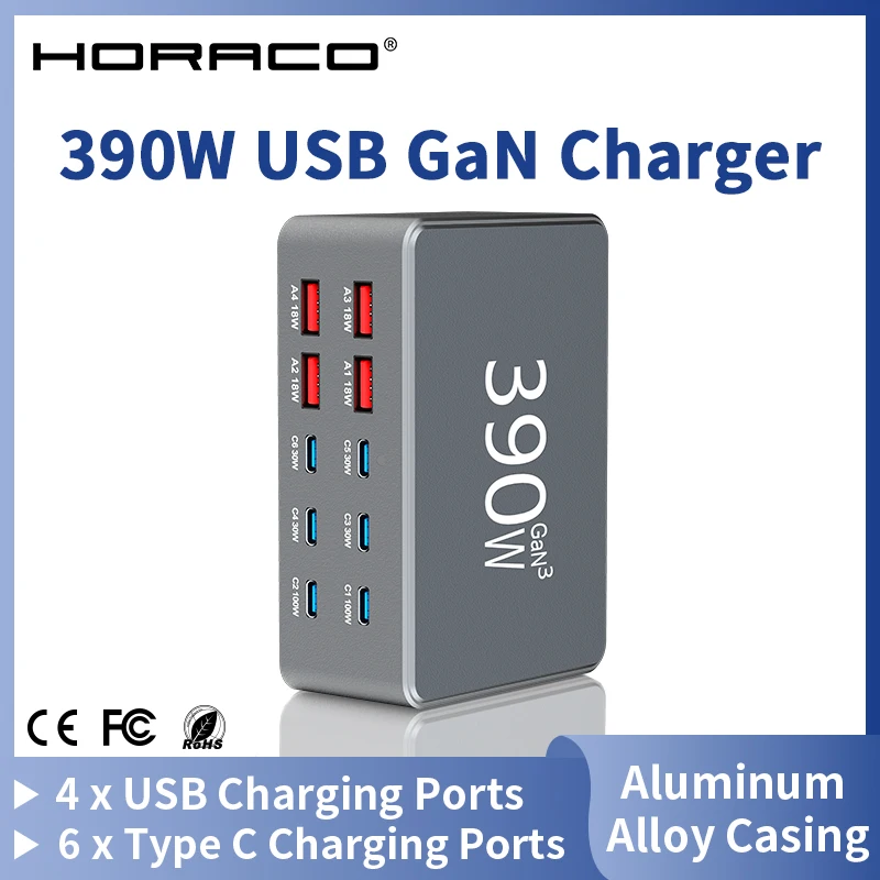 390 واط USB GaN شاحن 100 واط PD3.0 PPS QC3.0 نوع C متعدد المنافذ سبائك الألومنيوم محطة شحن سريع لأجهزة الكمبيوتر المحمول آيفون سامسونج اللوحي #1