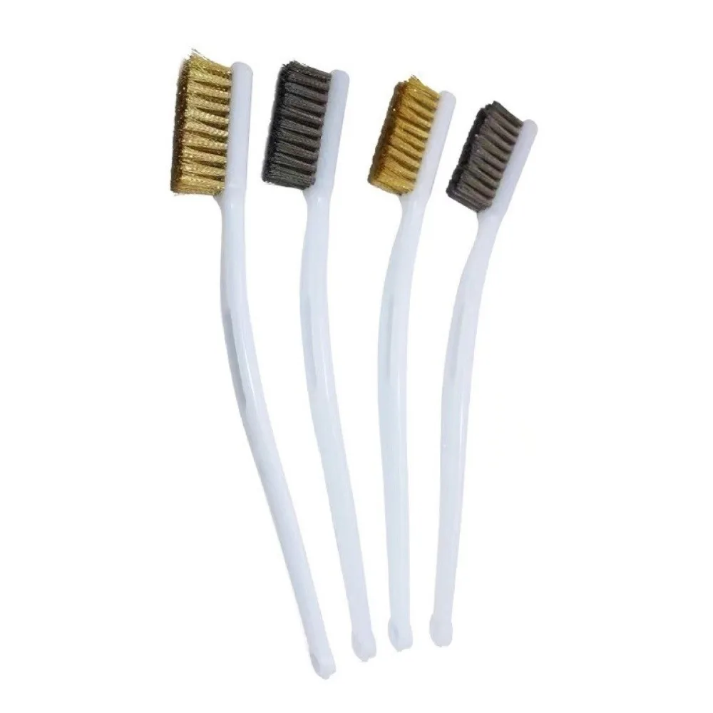 Copper Plating Wire Brush Set Non-Slip Industrial Grade Mini Wire Brush Mini Size Curved Handle Metal Polishing Brush