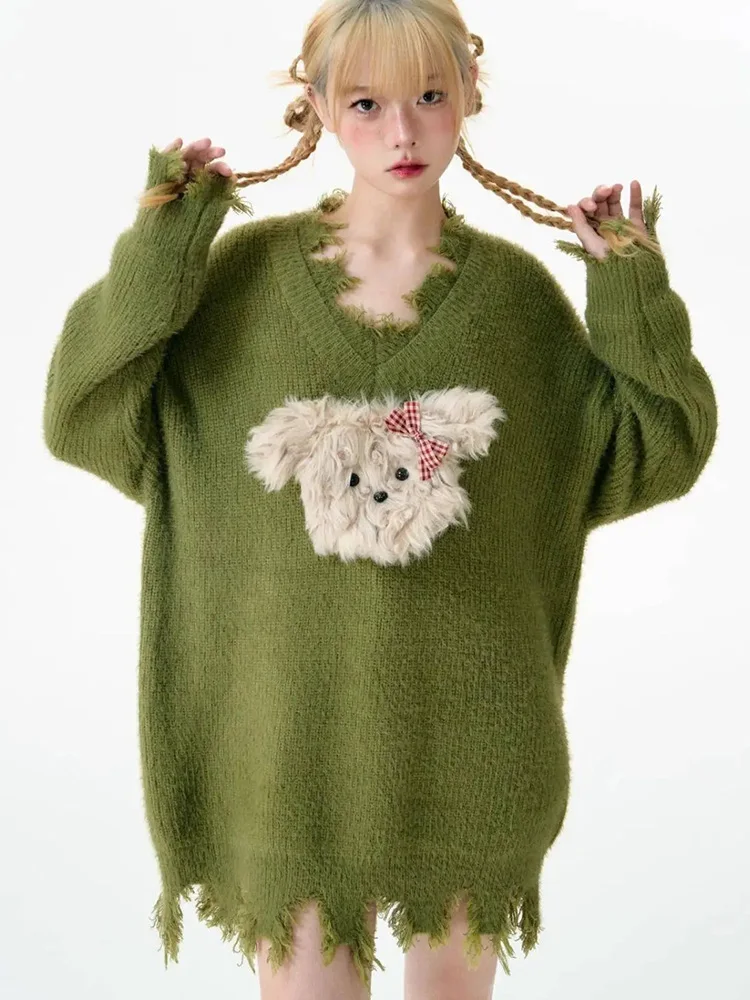 

Harajuku Hole Y2K свитер женский винтажный свободный уличный вязаный джемпер с героями мультфильмов осень искусственная норка кашемир топ оверсайз с длинными рукавами