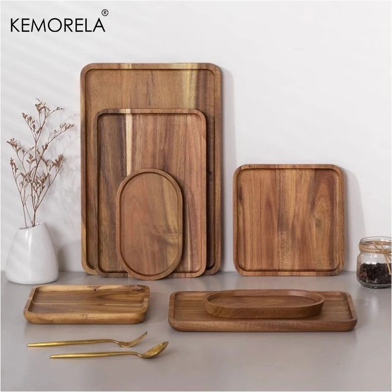 1PCS Acacia Wood Coffee Tray Food CupTrays Decorative Wood Tray Dessert Bamboo Tray Gongfu Tea Tray Kitchen Storage Accessories